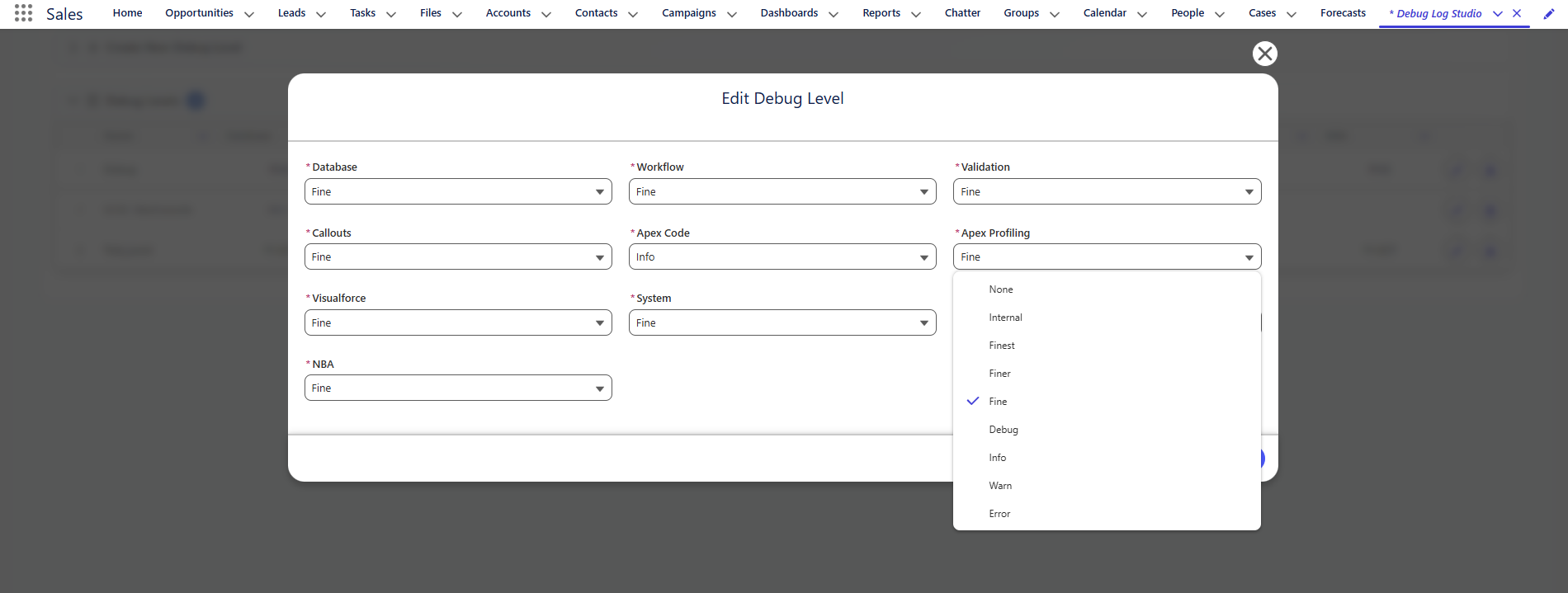 Debug Levels - Edit pop-up modal
