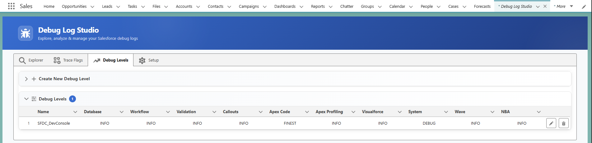 Debug Levels tab - auto-populated list