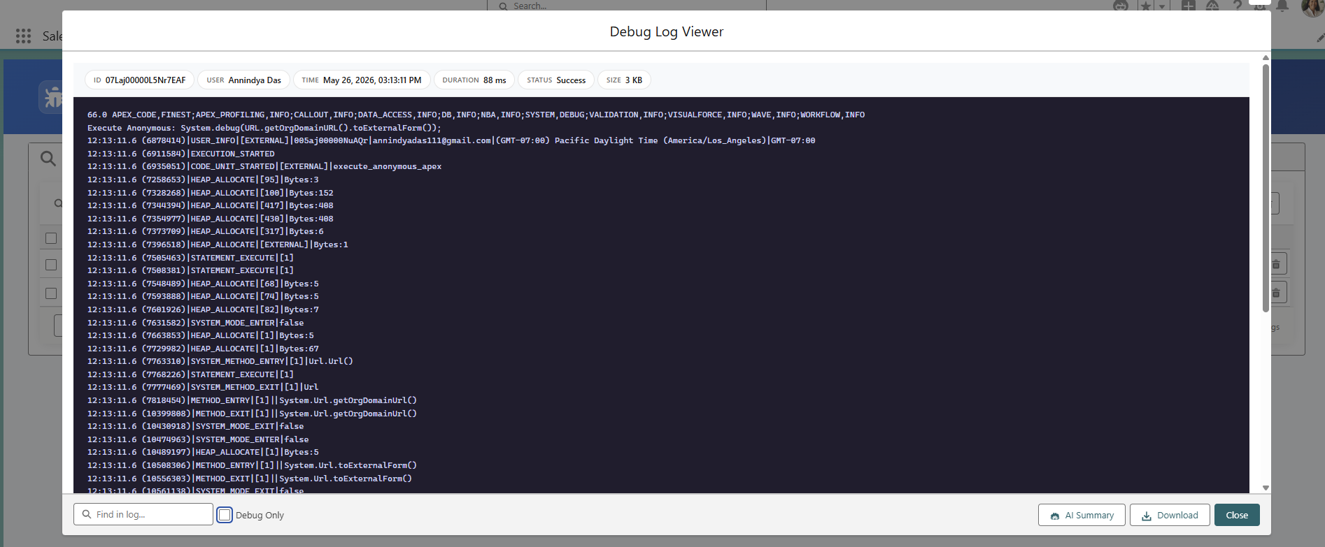 Debug Log Viewer - full log in dark-theme console