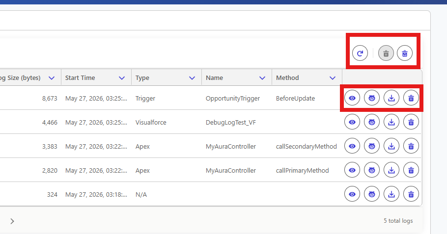 Explorer tab - Debug Logs Available Actions