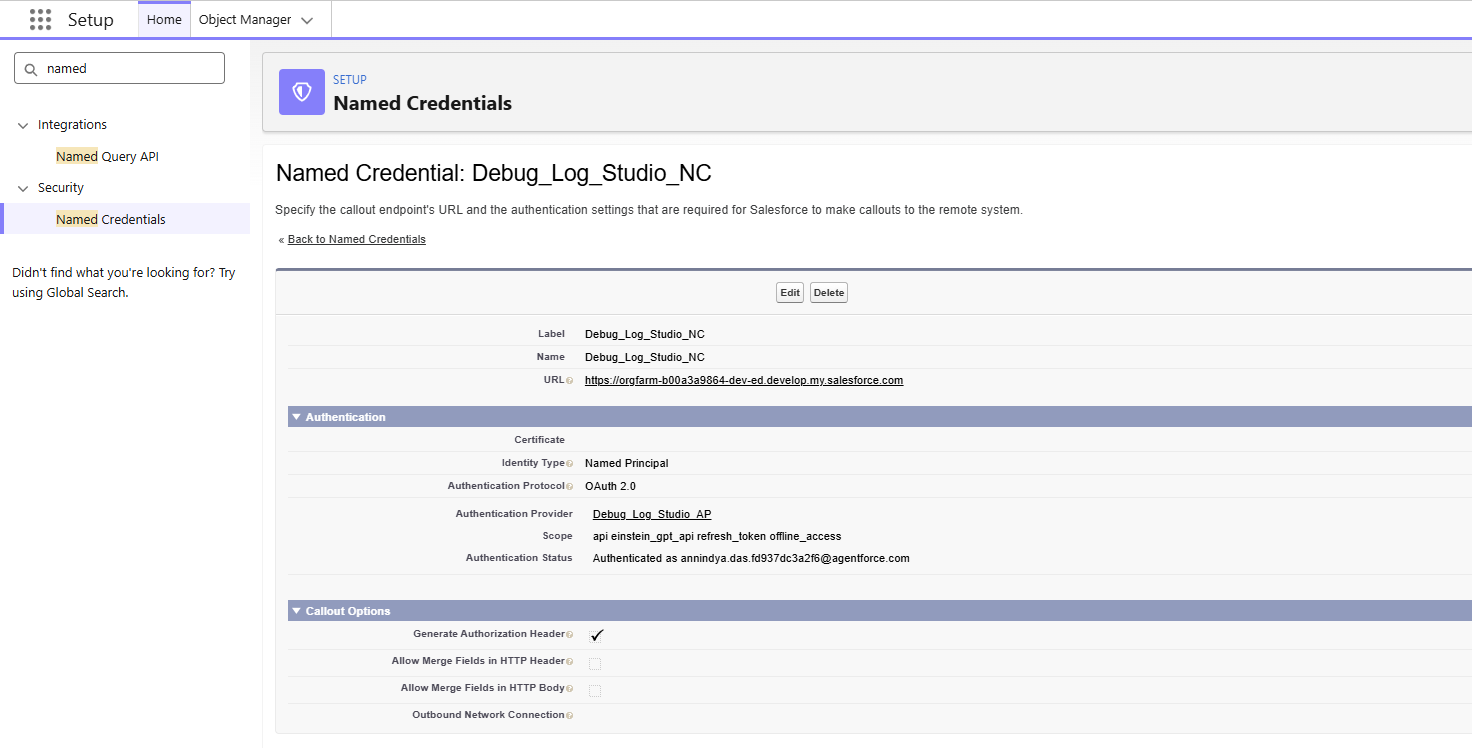 Debug Log Studio - Named Credentials