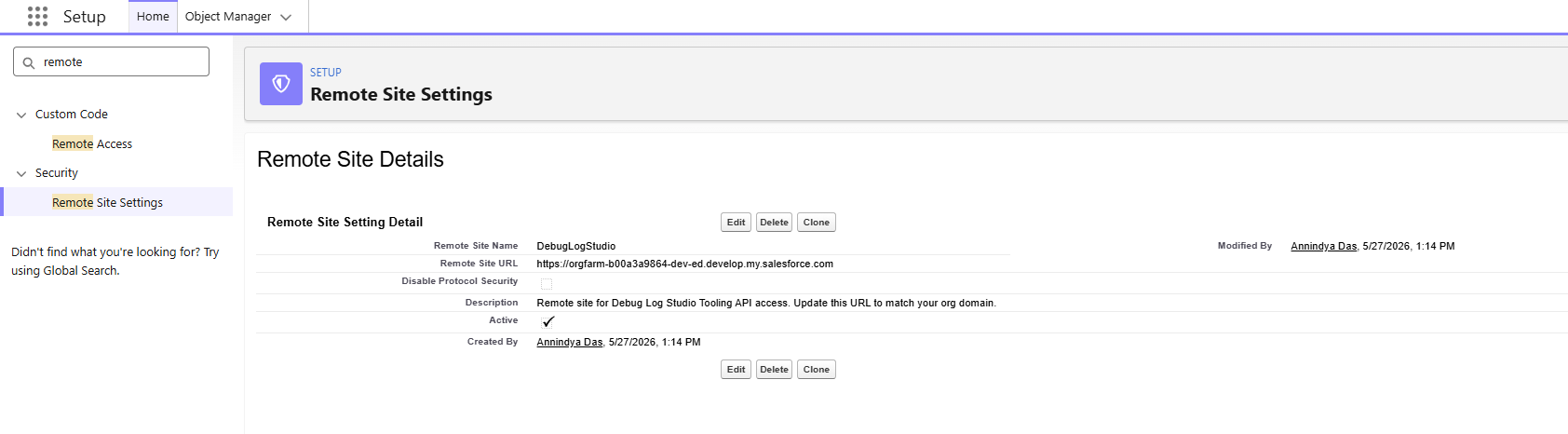 Debug Log Studio - Remote Site Settings