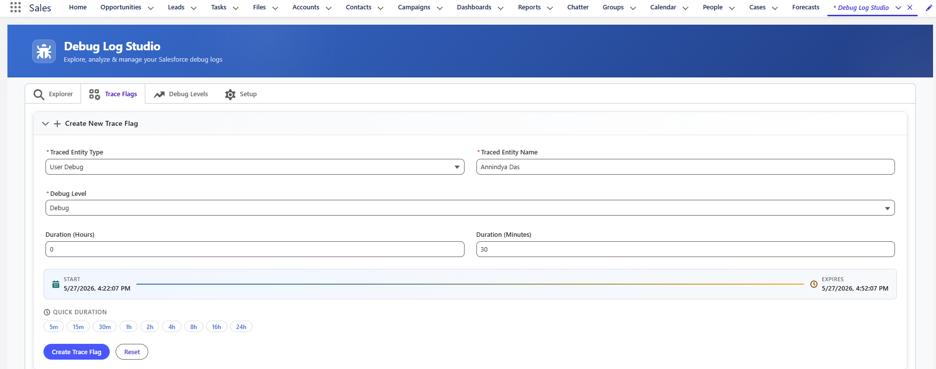 Trace Flags - Create New Trace Flag form