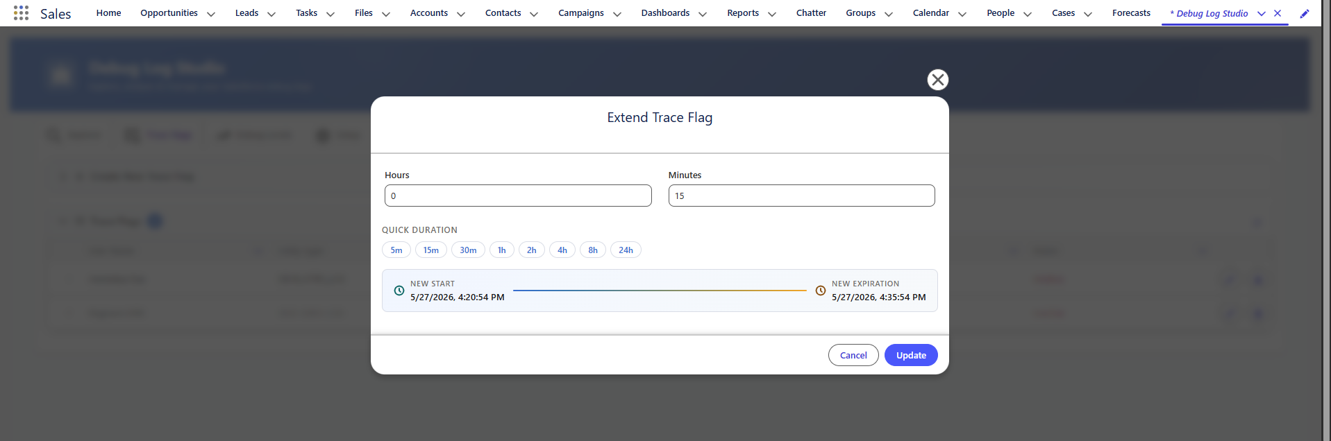 Trace Flags - Extend Trace Flag modal