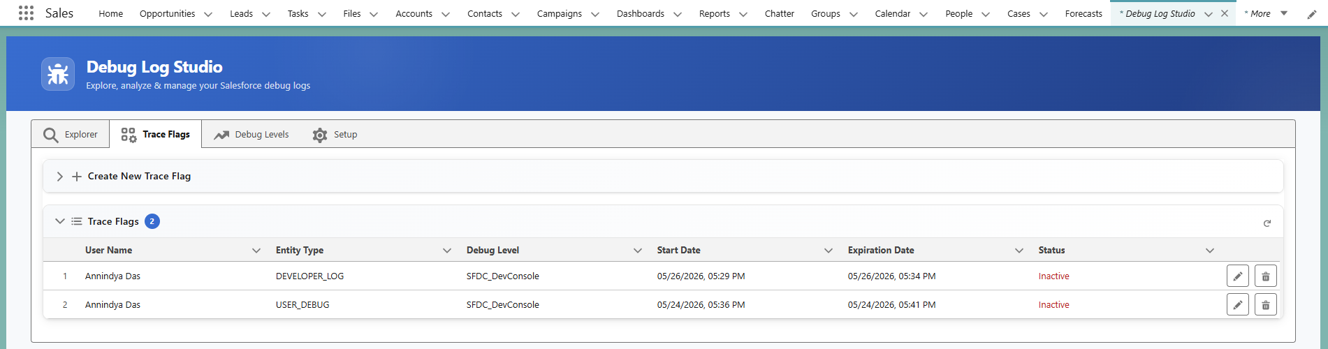 Trace Flags tab - list with Active/Inactive status